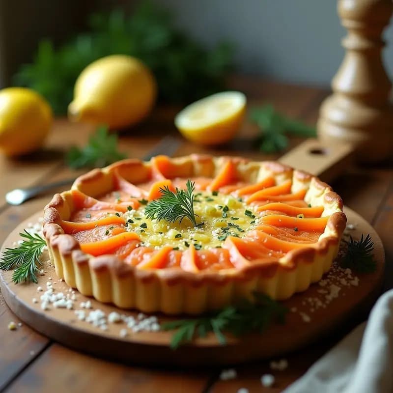 Tarta francesa dorada con base de masa quebrada, rellena de puerros caramelizados, crema de queso y láminas de salmón ahumado, espolvoreada con queso gruyère y eneldo fresco. Presentada en un molde redondo sobre una tabla de madera rústica.