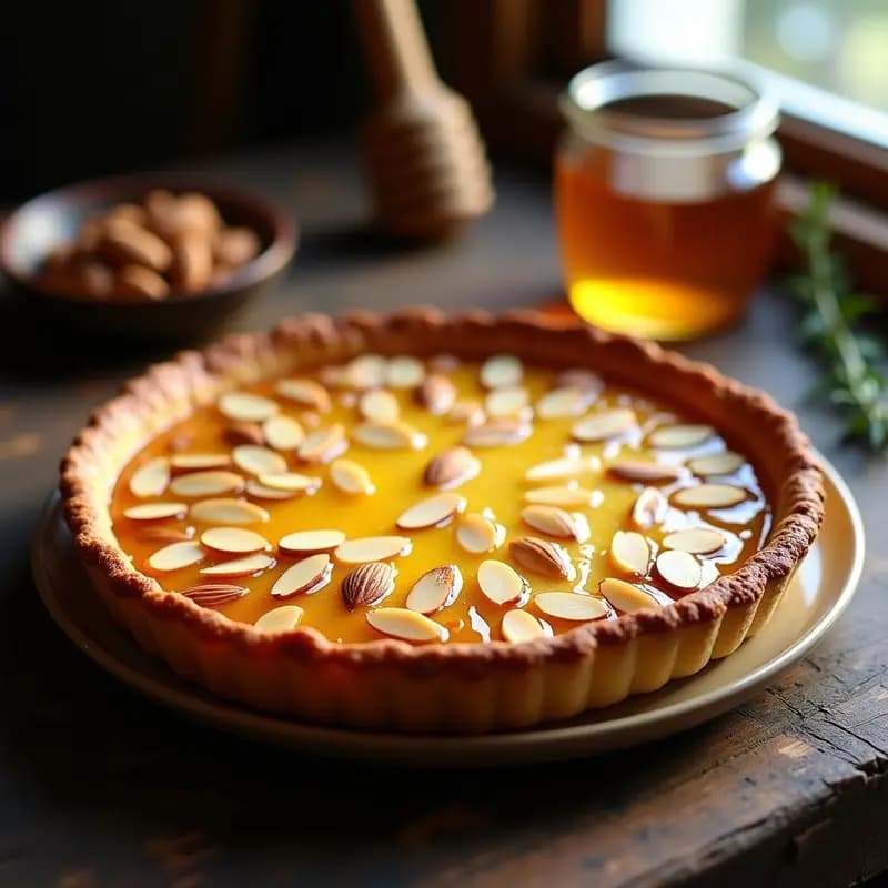 Tarte de Santiago sin harina ni gluten en molde desmontable, dorada por fuera con almendras fileteadas y un brillo dorado de miel de romero. Postre español tradicional con textura húmeda y aroma a almendra tostada.