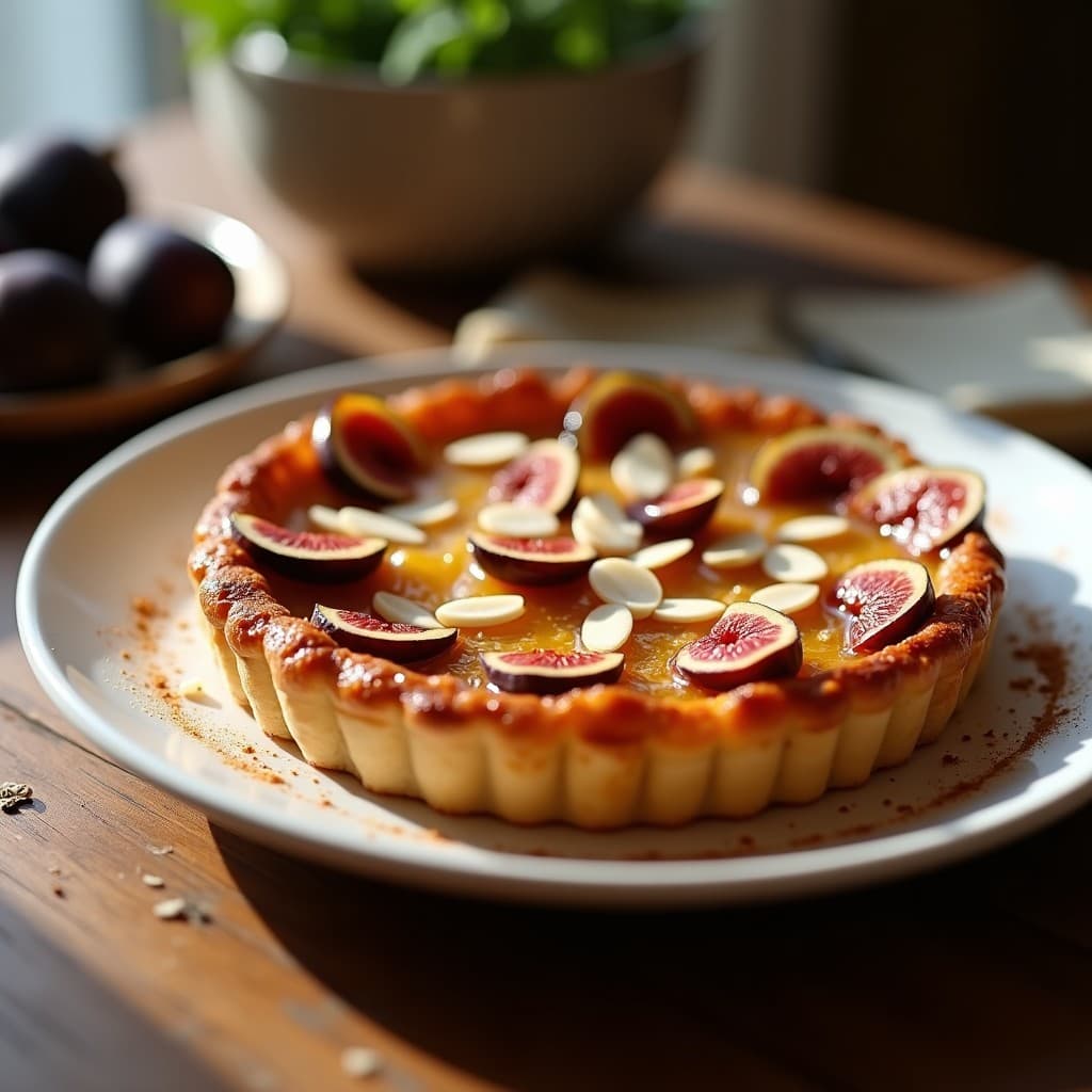 Tarte Tatin de higos y queso de cabra con masa de almendra dorada, caramelizada por encima, servida en plato blanco con higos frescos y almendras fileteadas como decoración. Postre francés sin harina hecho en Airfryer.