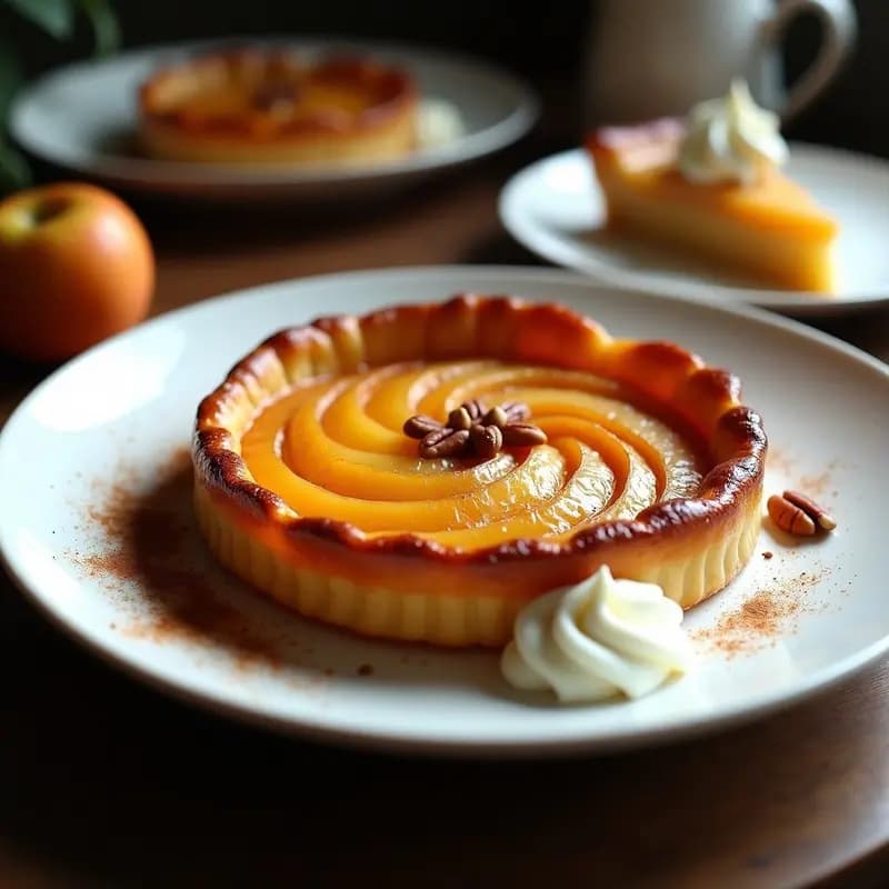Tarte Tatin keto con masa de almendra dorada, manzanas caramelizadas en espiral y nueces pecanas, servida en plato blanco sobre fondo rústico de madera.
