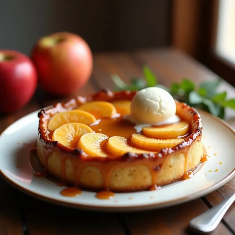Tarte Tatin francesa de manzana invertida sobre plato blanco, con caramelo dorado y brillante, manzanas Golden Delicious perfectamente alineadas y masa hojaldrada crujiente. Acompañada de una bola de helado de vainilla derritiéndose ligeramente.