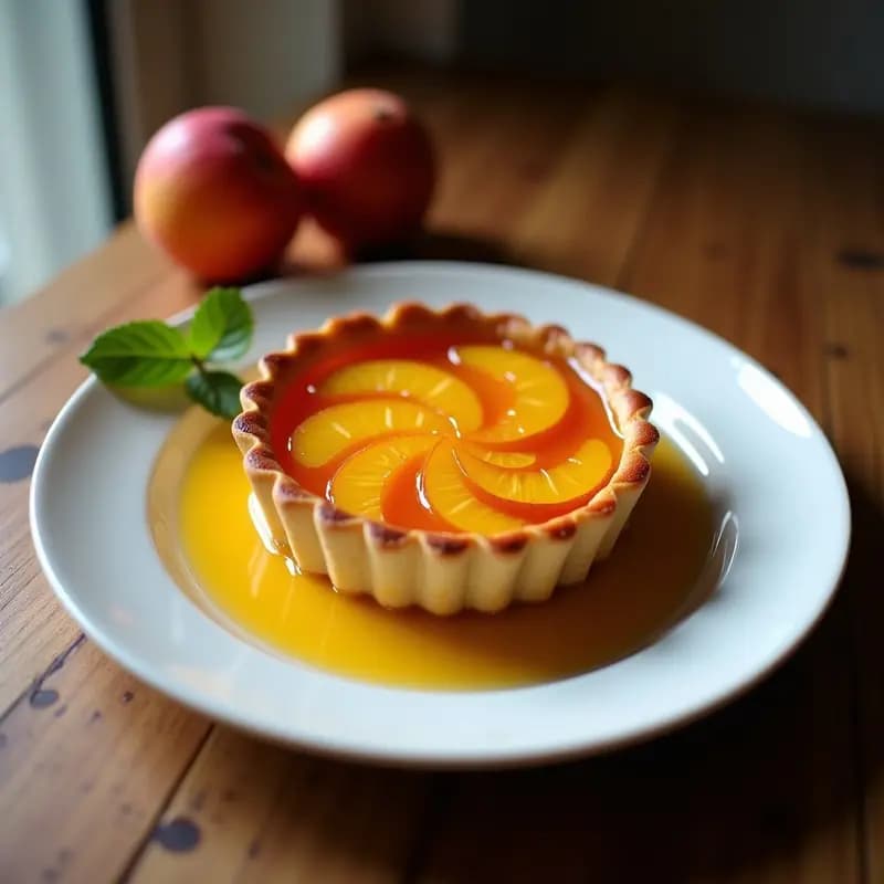 Tarte Tatin de manzana y cardamomo invertida en plato de cerámica blanca, con manzanas Granny Smith caramelizadas en espiral, masa brisa dorada de espelta y almendra, y un brillo intenso en el caramelo especiado. Acompañada de una cuchara de plata y hojas de cardamomo como decoración.