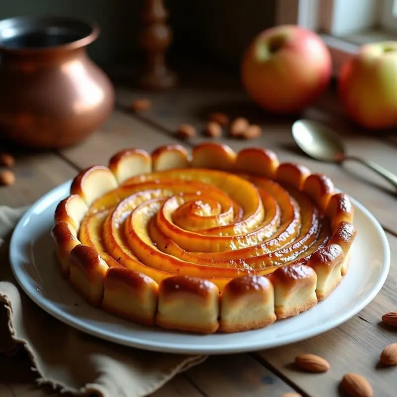 Tarte Tatin de manzana y miel sin azúcar con masa integral dorada, invertida sobre un plato de cerámica blanca. Caramelo dorado de miel brillando entre los gajos de manzana Granny Smith, con especias visibles. Fondo rústico con servilleta de lino y cuchara de madera.