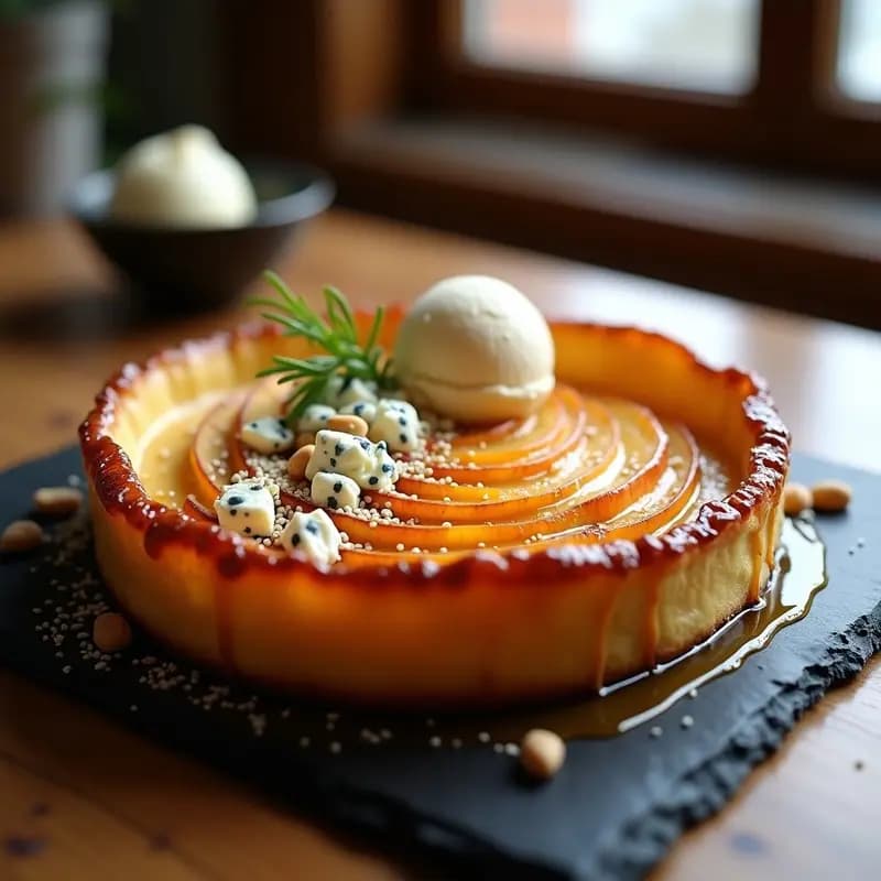 Tarte Tatin de Manzana y Misozuke con queso azul desmenuzado y semillas de sésamo, caramelo brillante dorado y rodajas de manzana fermentada en miso. Postre francés-japonés fusion viral con contraste de sabores dulce-salado.