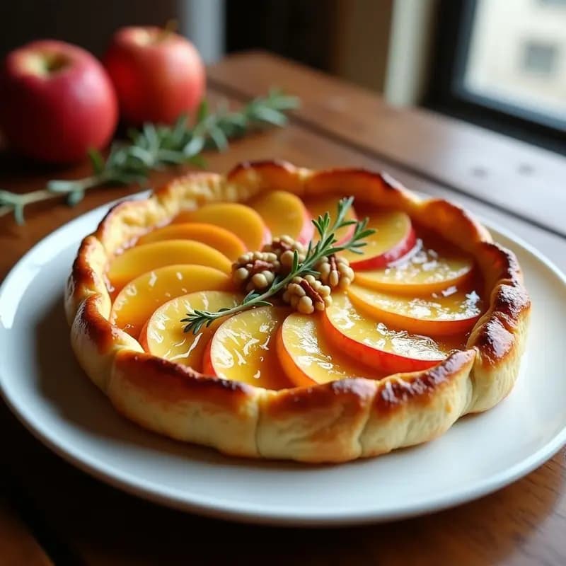 Tarte Tatin de manzana y queso de cabra en plato blanco, con caramelo dorado brillante, gajos de manzana tiernos y queso de cabra desmenuzado ligeramente dorado. Fondo rústico con hojas de romero.