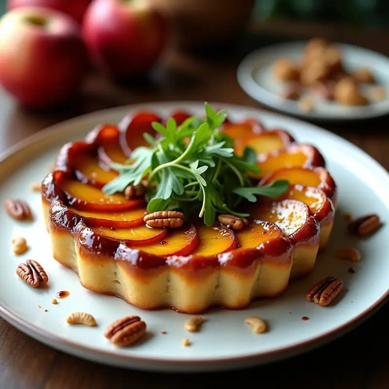 Tarte Tatin francesa invertida con manzanas doradas caramelizadas, masa de hojaldre integral crujiente y rúcula fresca salteada con vinagre balsámico y nueces pecanas picadas, servida en plato de cerámica blanca.