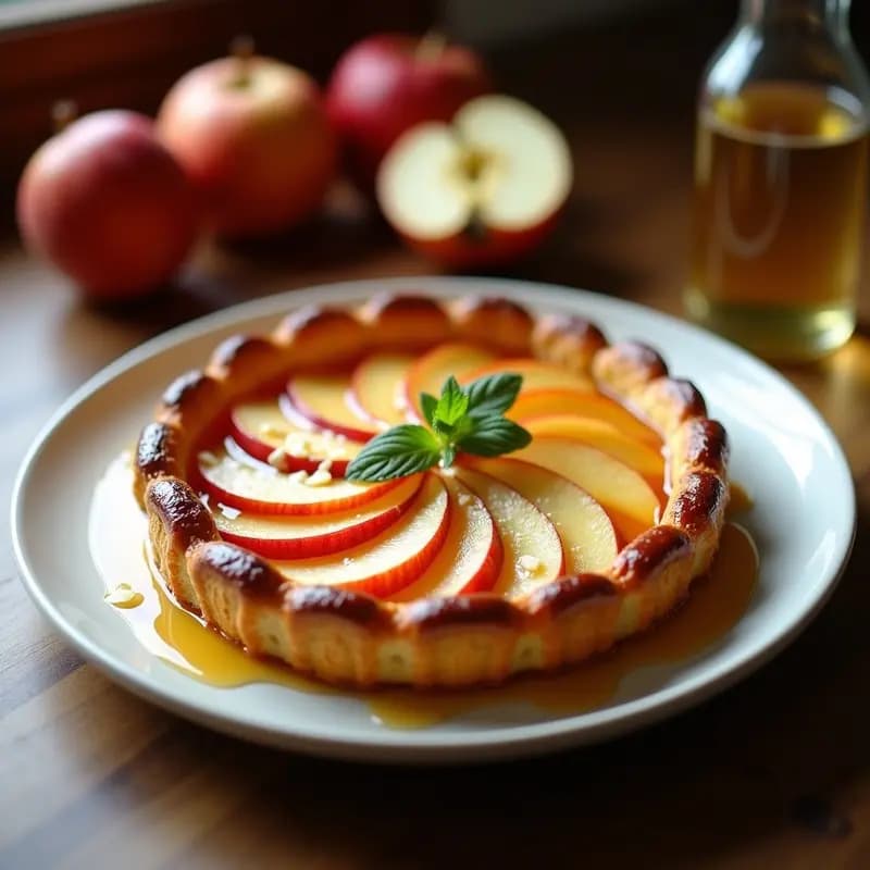 Tarte Tatin de manzana y sidra con caramelo dorado y hojaldre crujiente, decorada con almendras tostadas, servida en plato blanco rústico.