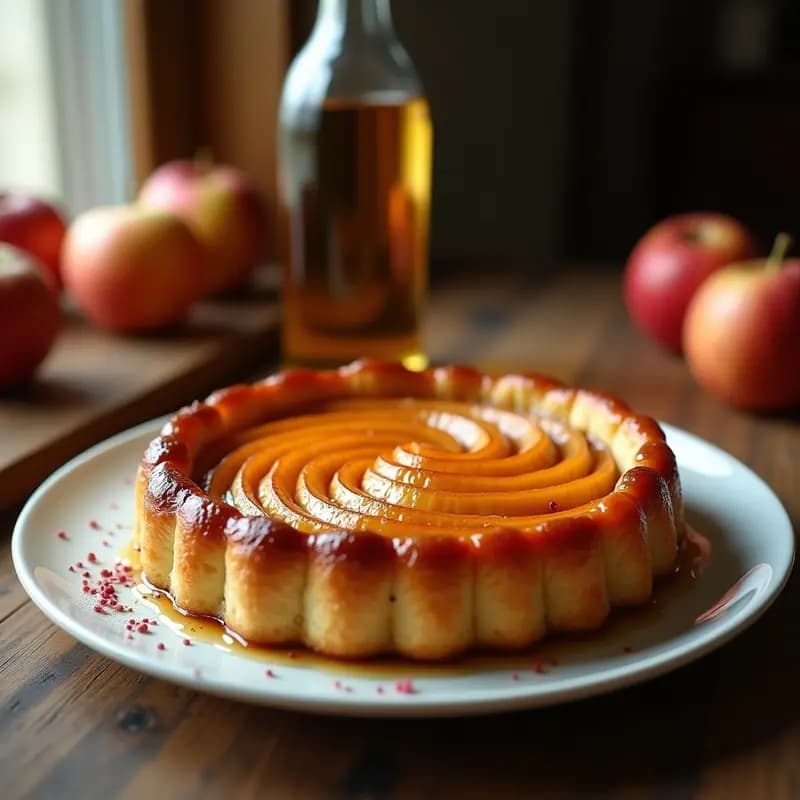 Tarte Tatin de Manzana y Sidra en plato de cerámica blanca, con caramelo dorado brillante y gajos de manzana perfectamente dispuestos. Masa dorada y crujiente con detalles de pimienta rosa. Fondos borrosos de cocina rústica.