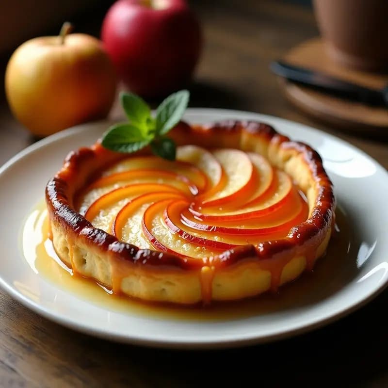 Tarte Tatin de Manzana y Caramelo con masa brisa sin gluten: postre francés clásico con manzanas Granny Smith caramelizadas y doradas, servido en plato blanco con caramelo brillante y masa crujiente.