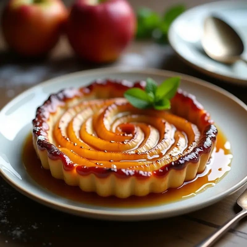 Tarte Tatin francesa recién horneada con manzanas caramelizadas doradas, masa hojaldrada crujiente y un brillo de caramelo líquido, servida en un plato blanco sobre un mantel rústico.