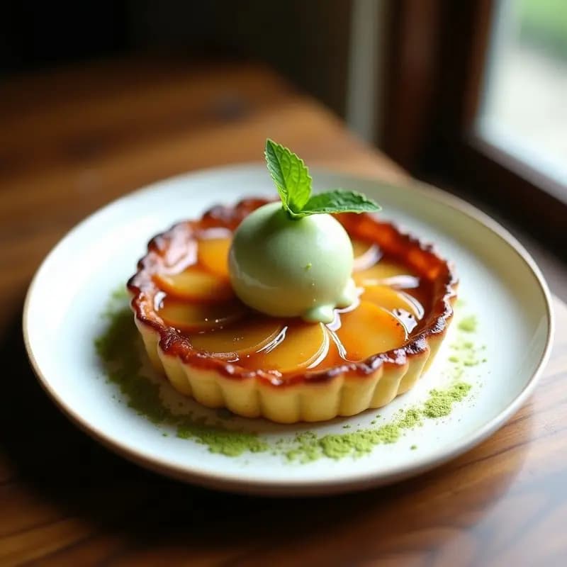 Tarte Tatin de peras caramelizadas con un glaseado dorado de miso, servida en plato blanco con una bola de helado de matcha verde vibrante y semillas de sésamo tostadas espolvoreadas. Postre francés-japonés elegante y sofisticado.