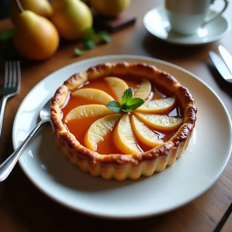 Tarte Tatin francesa de peras y caramelo sin azúcar refinado, invertida en un plato de porcelana blanca, con peras doradas y caramelizadas bajo una masa brisa integral crujiente, servida con una cuchara de madera y hojas de menta fresca.