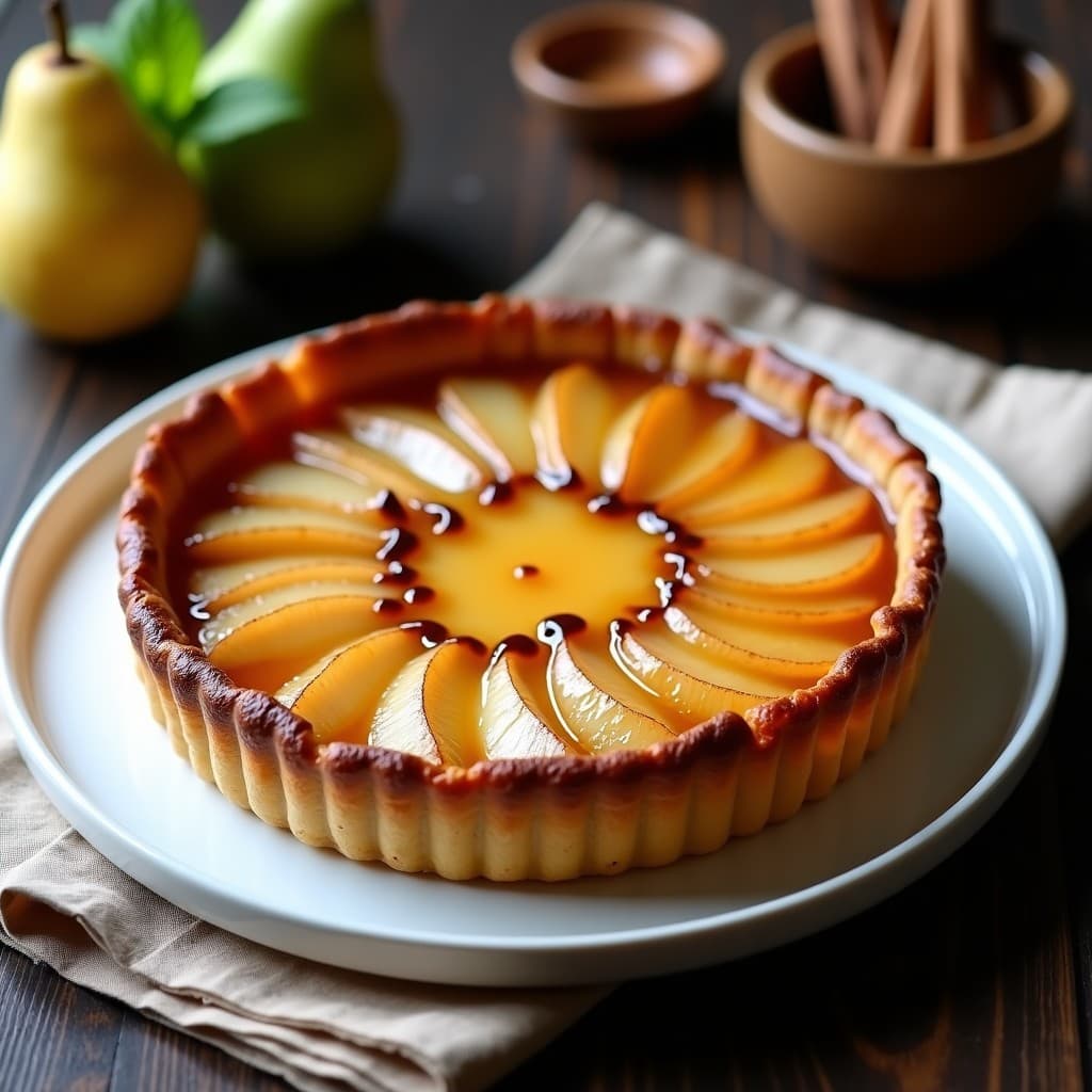 Tarte tatin de peras y jengibre con masa de almendra dorada, caramelo brillante y peras caramelizadas dispuestas en espiral sobre un plato rústico de cerámica blanca, con virutas de almendra tostada como decoración.