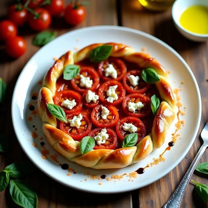 Tarte Tatin de tomate salada con queso de cabra fundido y hojas de albahaca fresca, servida en plato blanco sobre fondo rústico de madera.