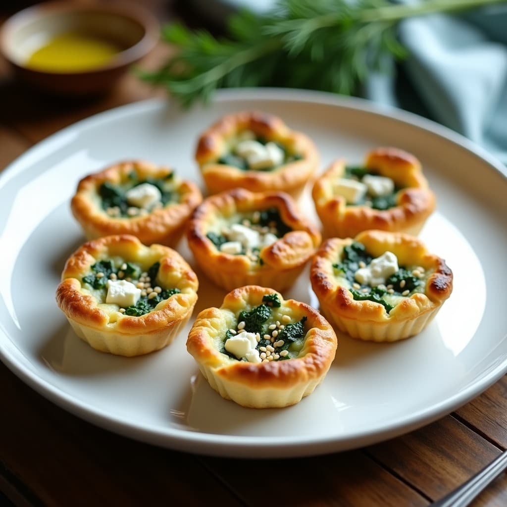 Tartaletas doradas sin masa rellenas de espinaca y queso feta, con semillas de sésamo espolvoreadas, servidas en plato blanco rústico.