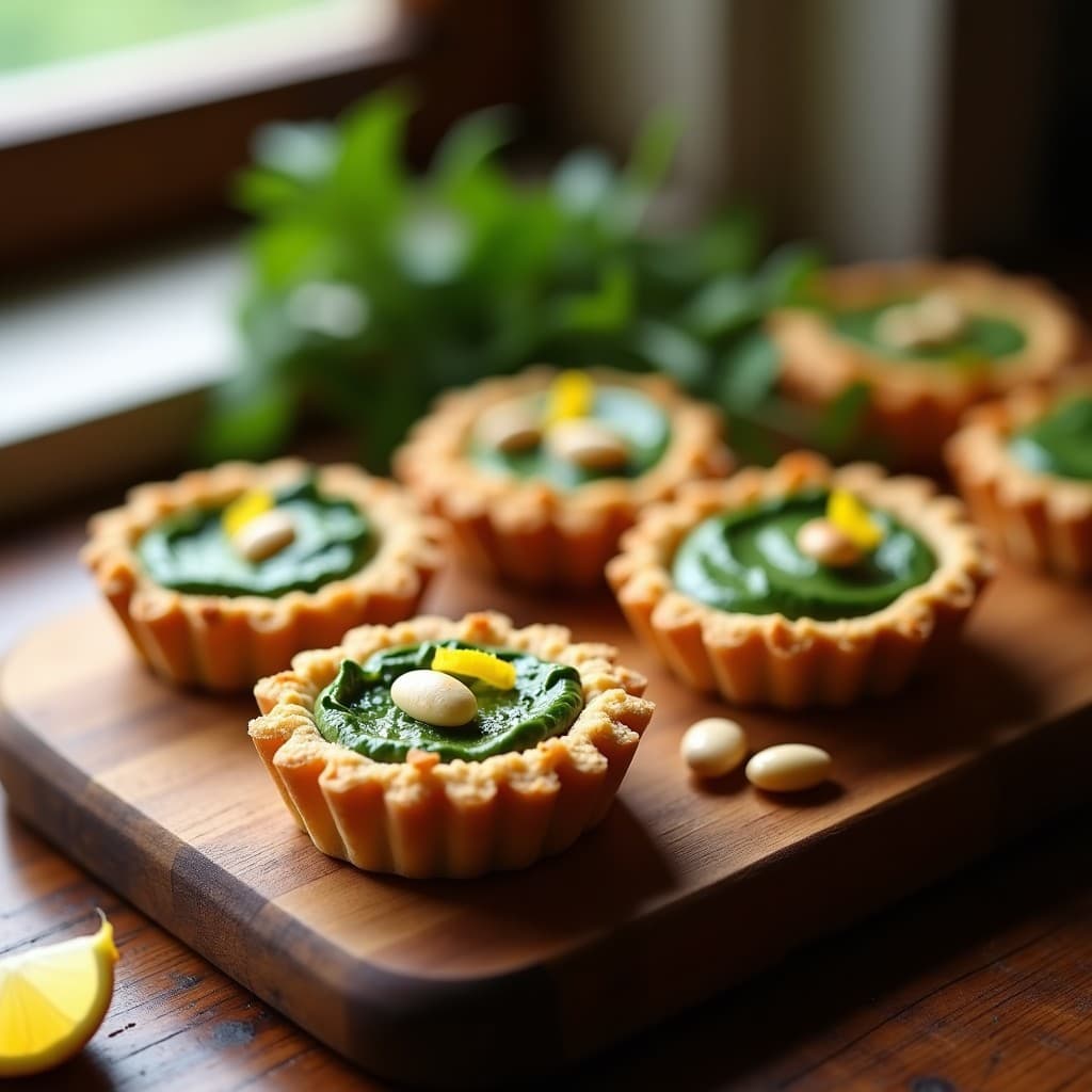 Tarteletas keto de masa de almendra dorada con relleno cremoso de espinacas verdes, piñones tostados y queso de cabra, servidas en bandeja de madera con decoración de hojas de menta.