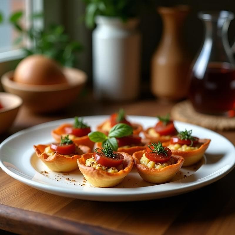 Tarteletas doradas de yuca con relleno de chorizo ibérico, queso fundido y perejil fresco, servidas en un plato de madera rústico. Receta sin gluten en Airfryer con toque español.