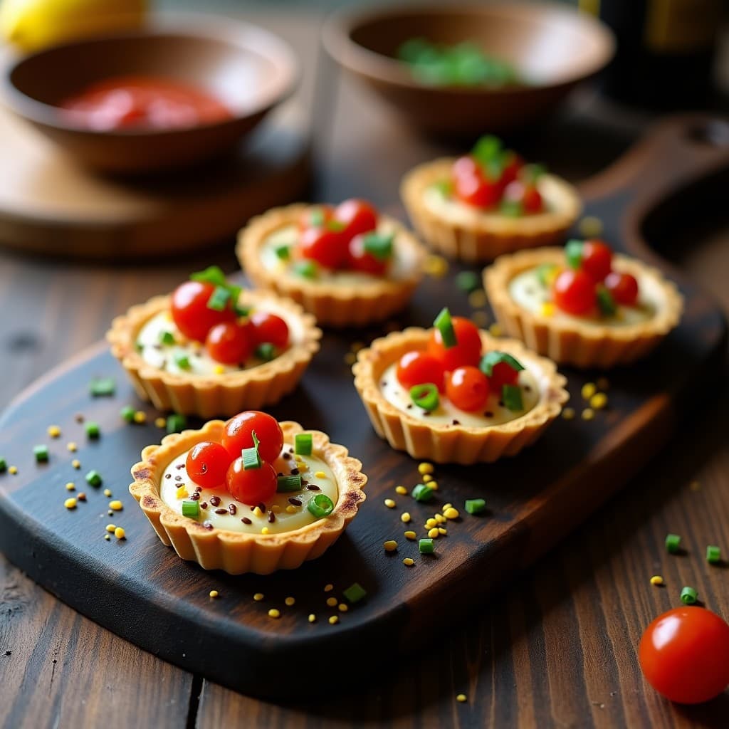 Mini tarteletras veganas de algas nori y wakame con queso cremoso de anacardo, decoradas con semillas de sésamo negro, tomate cherry y cebollino, servidas en bandeja de madera oscura sobre fondo rústico.