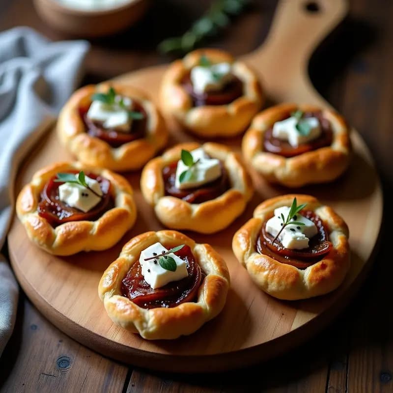 Tartelettes francesas doradas en molde de metal, con relleno de cebolla caramelizada morada y queso de cabra desmenuzado, decoradas con almendras tostadas y un hilo de miel, sobre fondo rústico de madera oscura.
