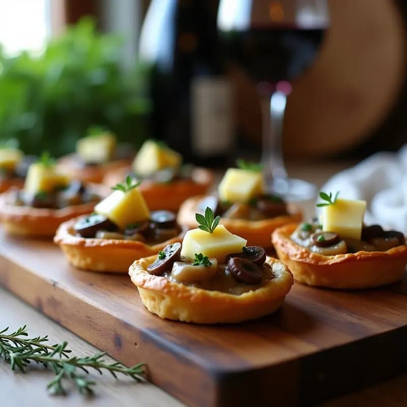 Tartelettes francesas de champiñones y queso brie con hojaldre integral dorado, rellenas de champiñones portobello salteados y trozos de queso brie derretido, decoradas con nueces picadas y miel de trufa, servidas en una bandeja de madera rústica.