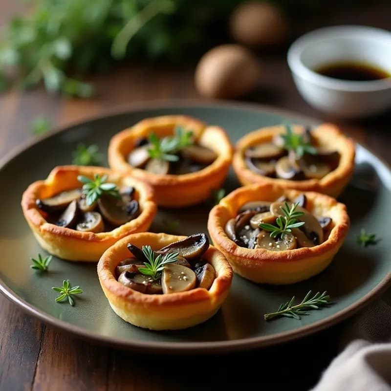 Tartelettes doradas con base de almendras crujiente, rellenas de champiñones portobello salteados en salsa cremosa de trufa negra, decoradas con tomillo fresco y un hilo de aceite de trufa, sobre fondo rústico de madera oscura.