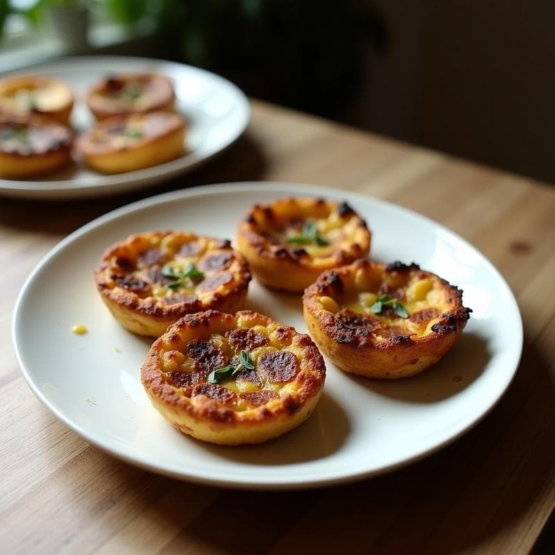 Tartelettes veganas de champiñones Portobello y trufa en airfryer, con masa dorada y relleno jugoso, servidas en plato de madera rústico.