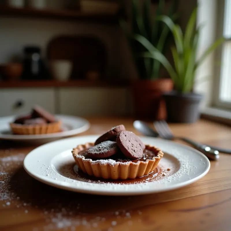 Tartelettes de chocolate negro y puré de dátiles veganas, con base dorada y relleno brillante, sobre un plato de porcelana blanca con detalles dorados. Postre francés sin azúcar.