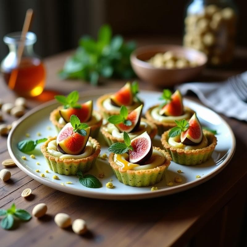 Seis tartelettes francesas sin horno con base crujiente de pistacho, rellenas de queso de cabra cremoso y decoradas con láminas de higos frescos, nueces picadas y un hilo de miel, sobre una mesa rústica de madera.