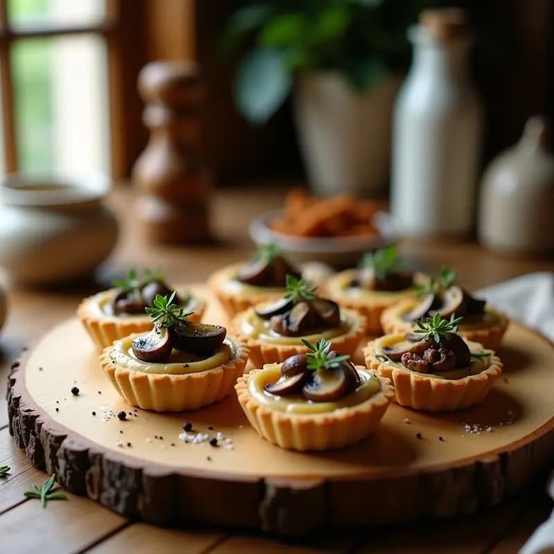 Tartelettes veganas de hongos Portobello y trufa en masa de almendra dorada, servidas en plato blanco con decoración de aceite de trufa y semillas de sésamo negro.