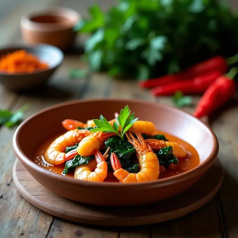 Plato hondo de barro con T Sartes Catalanas de Algas y Gambas, mostrando algas verdes troceadas, gambas rojas jugosas y un sofrito dorado de ñora, decorado con perejil fresco sobre fondo rústico de madera.