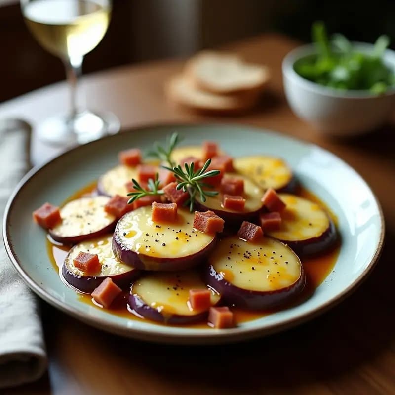 Tartiflette de Camembert y patata morada en fuente de barro, con queso dorado y burbujeante sobre capas de patatas moradas y panceta ahumada, decorada con ramitas de tomillo fresco.