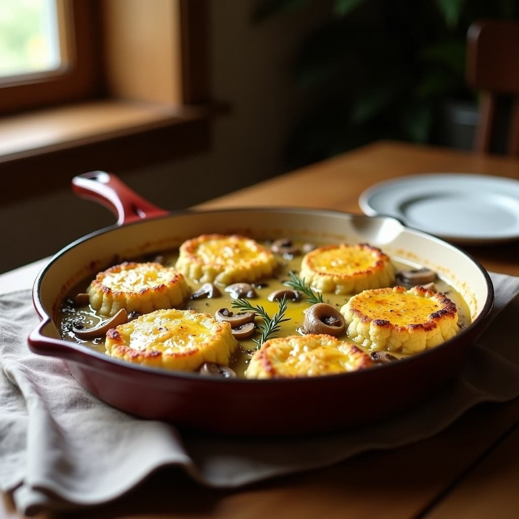Tartiflette vegana en fuente de barro: capas de coliflor dorada, champiñones portobello salteados y crema de anacardos gratinada, con tomillo fresco. Receta francesa sin gluten.