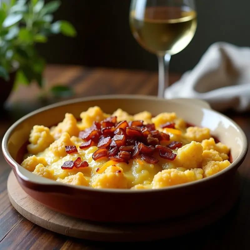 Fuente de barro con tartiflette ligera de coliflor ahumada, queso reblochon fundido y panceta crujiente, receta francesa baja en calorías.
