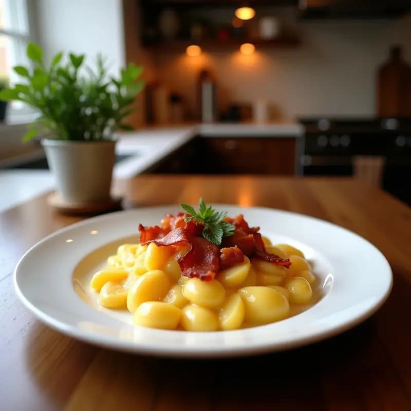 Fuente de barro humeante con tartiflette francés: capas de patatas, bacon dorado y queso raclette gratinado y burbujeante, plato de montaña hipercalórico.