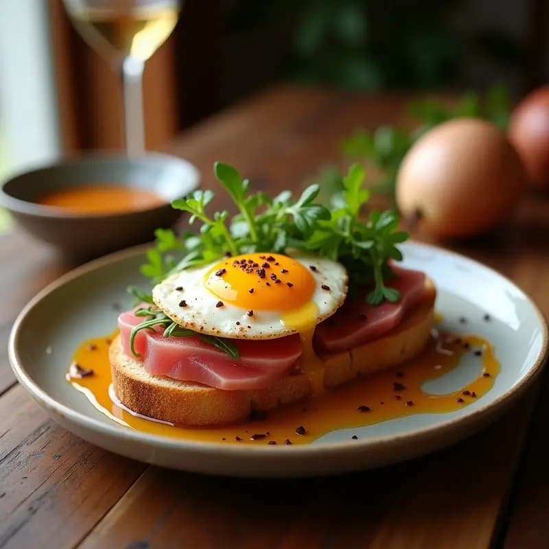 Tartine francesa gourmet con rebanada de baguette tostada, láminas de atún sellado, huevo dorado con yema líquida, salsa brillante de mostaza y miel, y decoración de rúcula, cebolleta morada y perejil fresco.