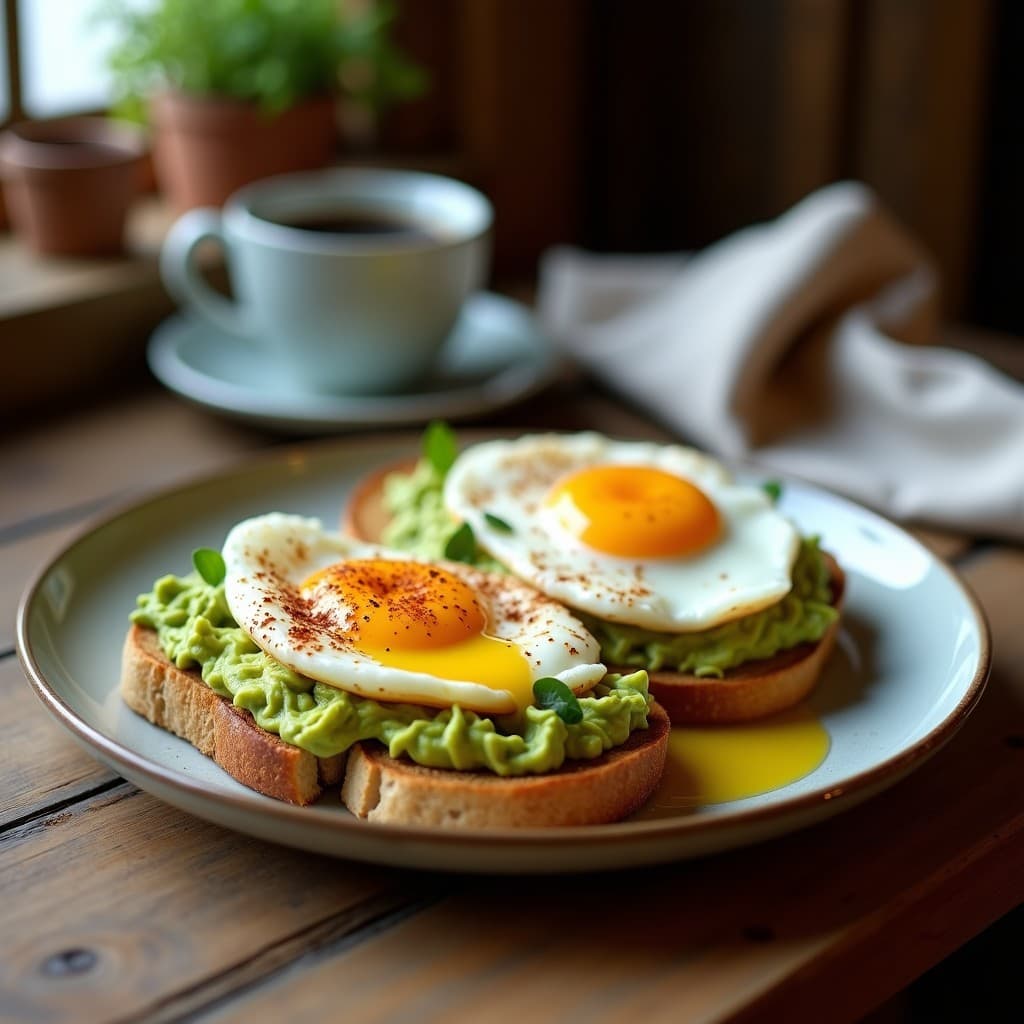 Tartine de pan de espelta tostado con aguacate cremoso y huevo a la nube dorado, decorado con semillas de sésamo y pimentón ahumado sobre fondo rústico de madera.