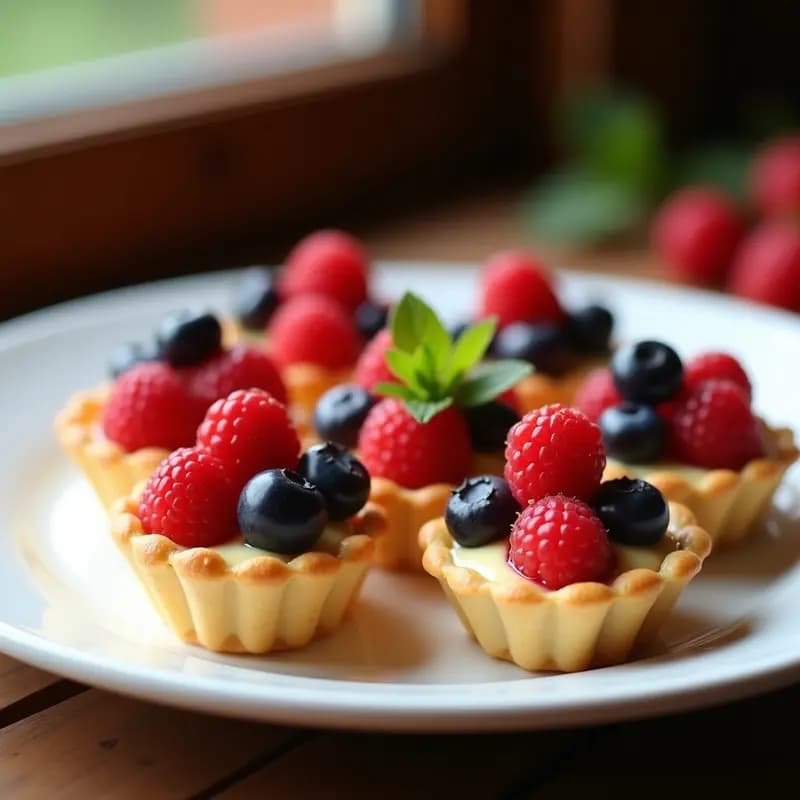 Tartaletas individuales con base dorada de masa quebrada, rellenas de crema pastelera amarilla y decoradas con frutos rojos frescos y brillo de mermelada, servidas en plato blanco.