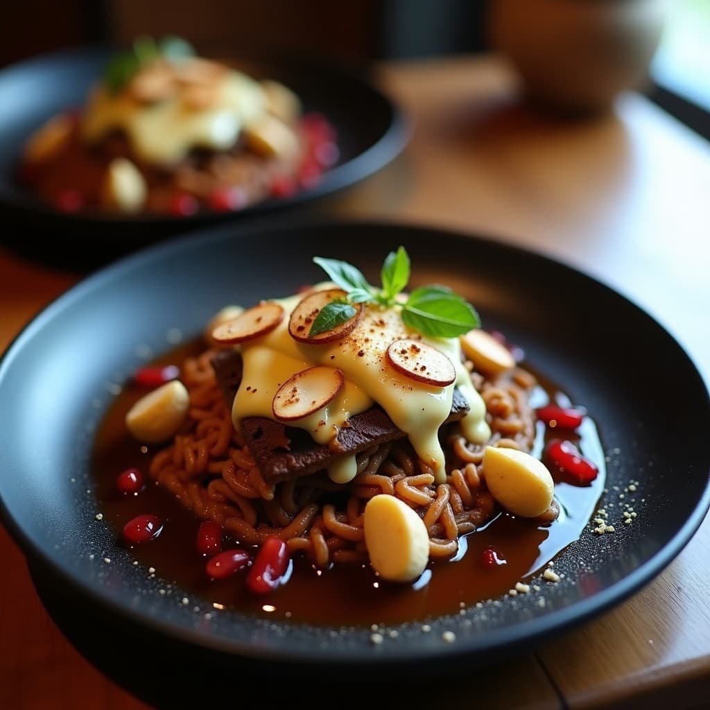 Plato hondo negro con T Irwin de Jackfruit y Queso Azul vegano, cubierto de reducción brillante de Pedro Ximénez y almendras tostadas, servido con hojas de salvia fresca.