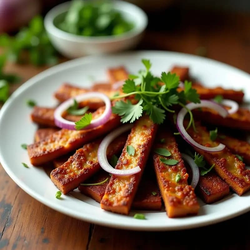 Plato de tasajo al ajo crujiente en airfryer, con tiras doradas de carne, ajo y cebolla morada salteados, decorado con cilantro fresco sobre fondo rústico.