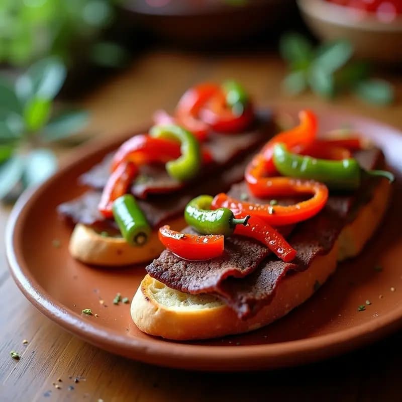 Tapa tradicional aragonesa de tasajo de Teruel en lonchas doradas sobre pan rústico tostado, cubierta con tiras de pimientos rojos y verdes asados salteados, servida en plato de barro con fondo rústico.