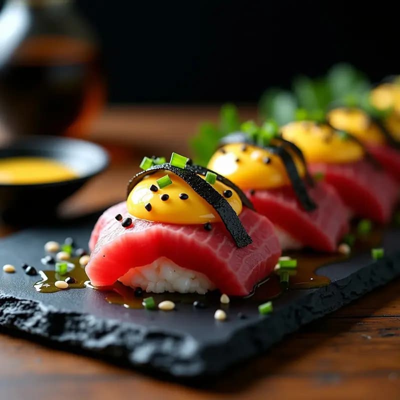 Plato de pizarra con láminas de tataki de atún sellado, cojones de tigre cremosos encima, decorado con semillas de sésamo negro, cebollino y tiras de alga nori, acompañado de salsa ponzu brillante.