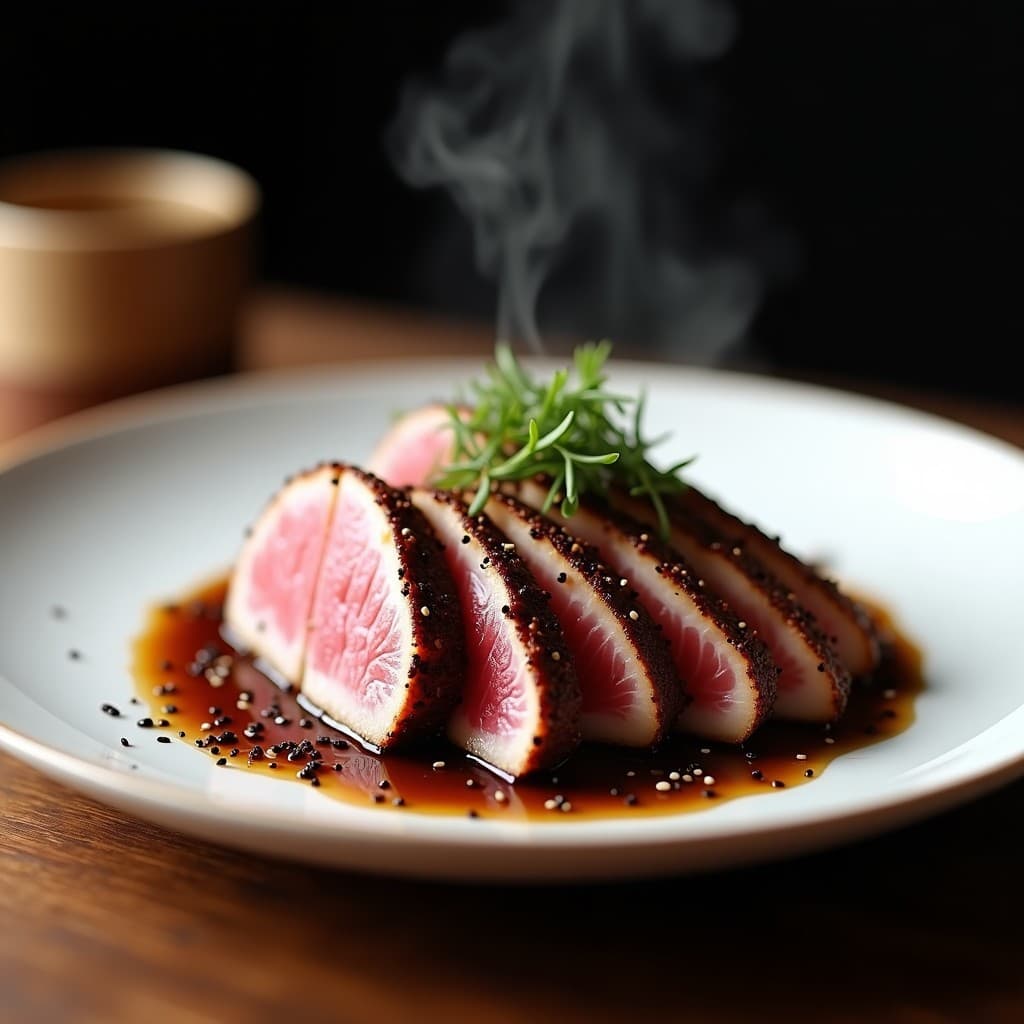 Plato de tataki de atún con costra de especias y café, rodajas finas de atún rojo con exterior sellado y costra oscura, decorado con sésamo negro y cebollino, acompañado de salsa de soja y jengibre.