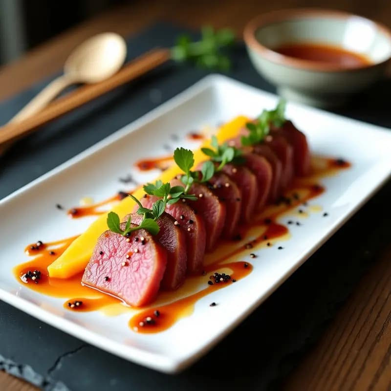 Plato rectangular blanco con tataki de atún rojo en láminas finas, mango en juliana, semillas de sésamo negro y salsa ponzu brillante. Decorado con hojas de shiso y pimienta rosa.