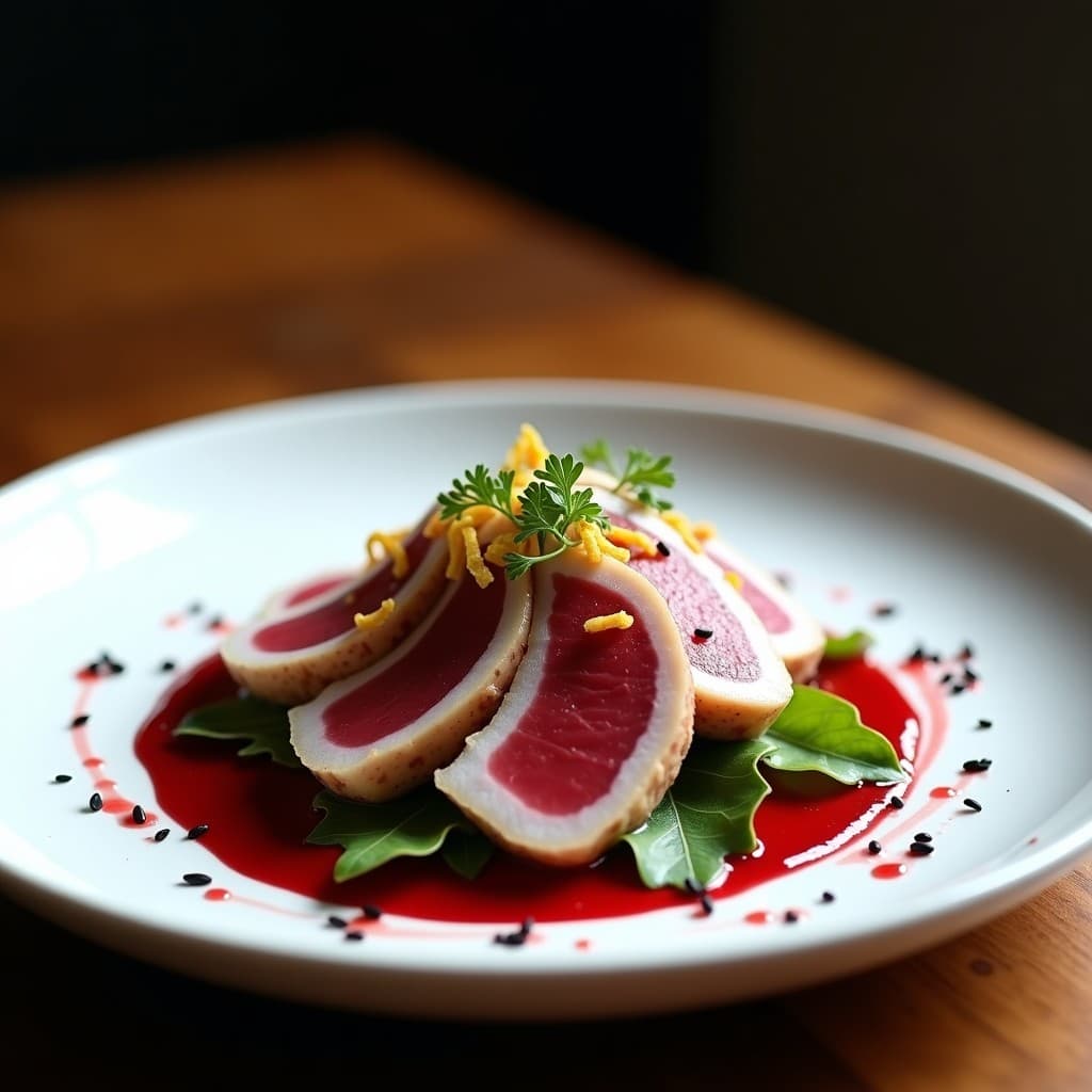 Plato blanco minimalista con láminas de tataki de atún rosado sellado, salsa de frambuesa brillante y rúcula fresca, decorado con semillas de sésamo negro y zest de limón, receta peruana gourmet.