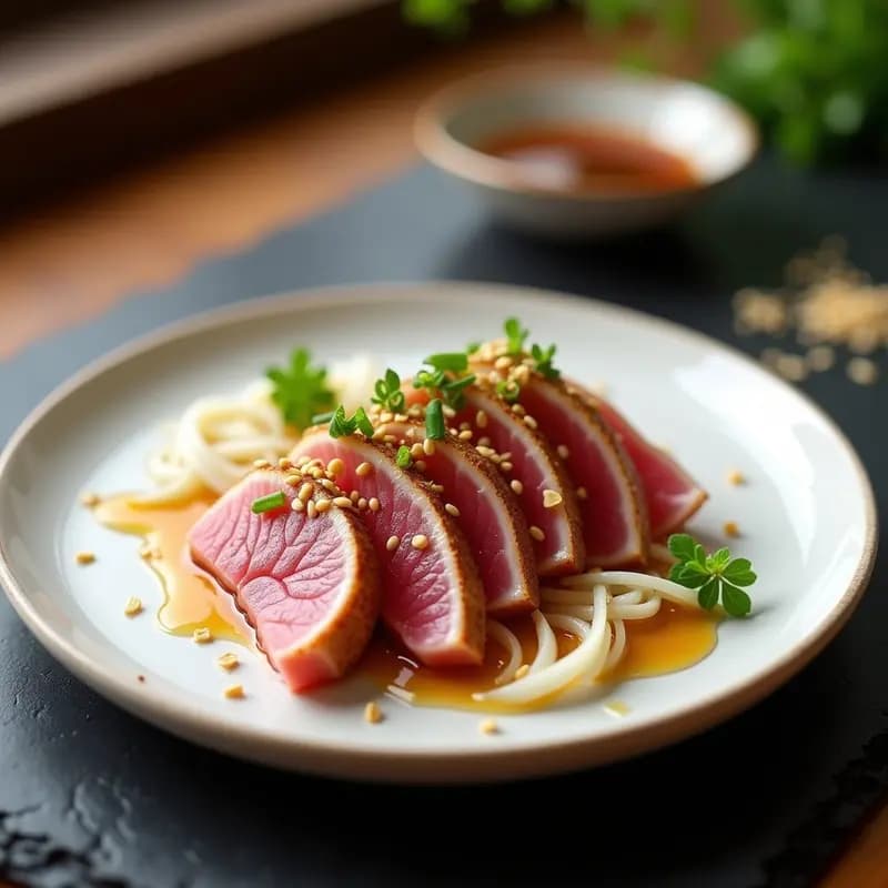 Plato blanco minimalista con láminas de tataki de atún rosado y jugoso, rodeado de rábano daikon encurtido en juliana, bañado en salsa ponzu brillante y espolvoreado con sésamo tostado y cebollino picado. Receta de entrante japonés gourmet.