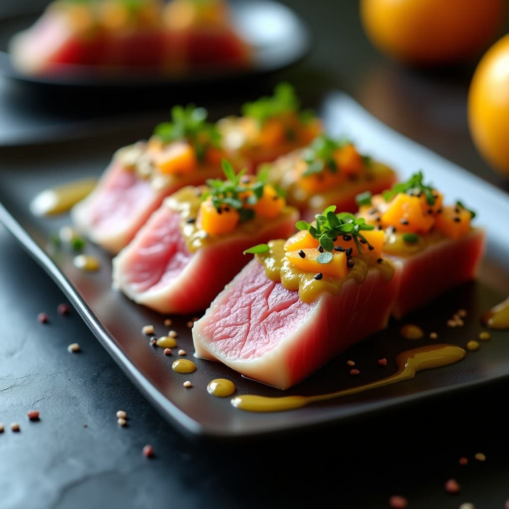 Plato negro rectangular con láminas de tataki de atún rociadas con aceite de sésamo, bañadas en salsa cremosa de wasabi y mango, decoradas con semillas de sésamo negro y blanco, cebollino picado y pimienta rosa. Receta gourmet de tataki de atún con salsa de wasabi y mango.