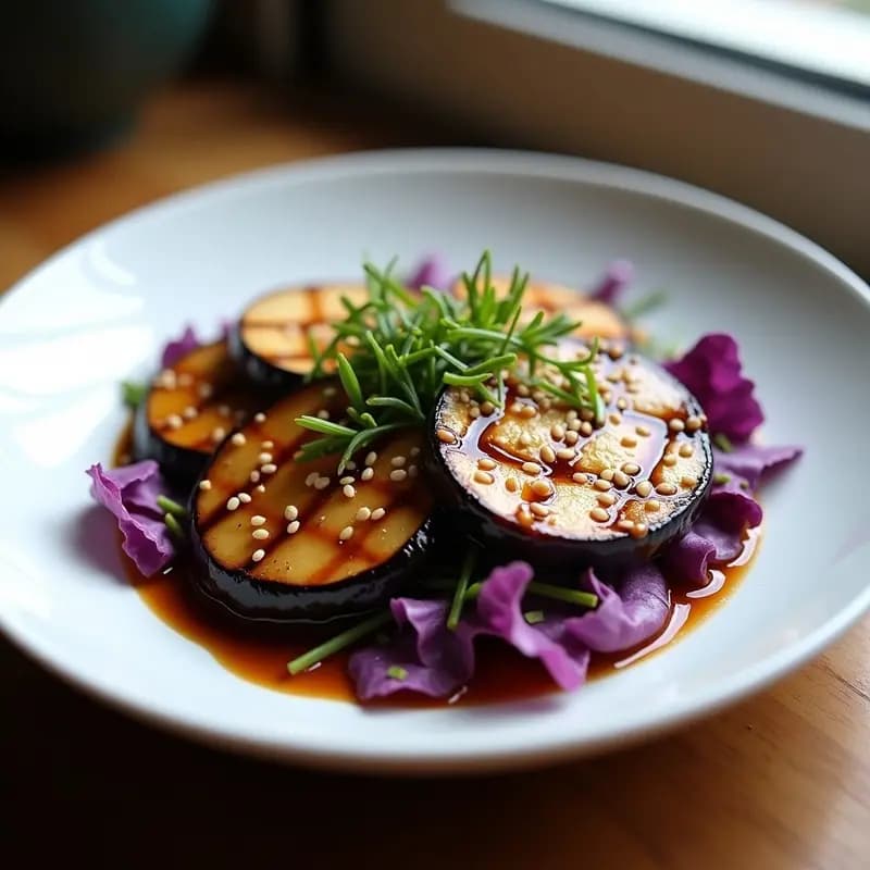 Plato elegante con tataki de berenjena ahumada en tiras, bañado en salsa teriyaki brillante, sobre cama de lechuga morada. Decorado con semillas de sésamo y cebollino fresco.