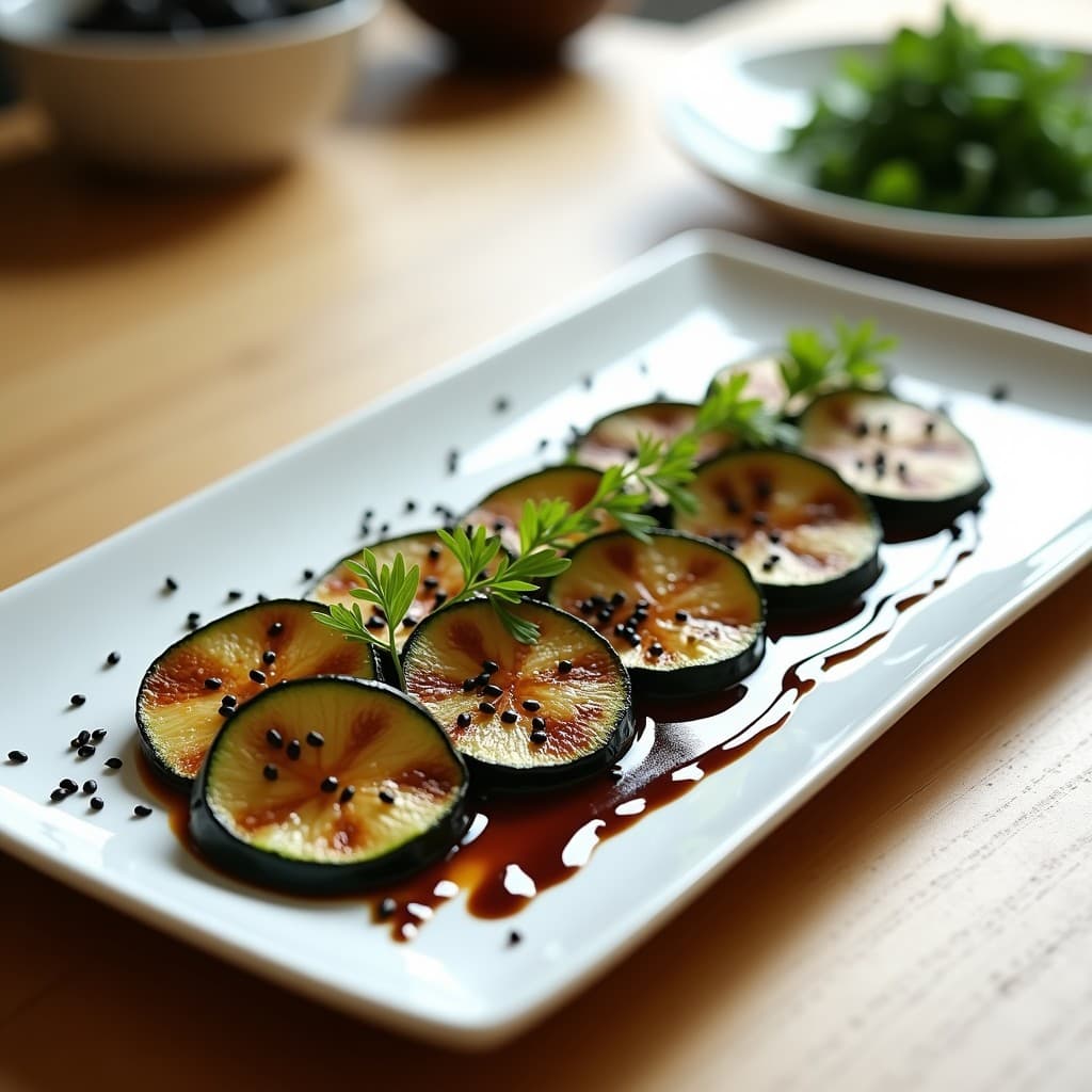 Plato blanco alargado con Tataki de Calabacín y Berenjena dispuestos en abanico, bañados en vinagreta de sésamo negro, decorado con cebollino y semillas de sésamo. Entrante japonés vegano y sin gluten.