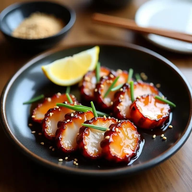 Plato hondo de cerámica negra con tataki de pulpo en rodajas doradas, glaseado brillante de miel y pimentón, espolvoreado con semillas de sésamo y cebollino fresco. Fondos borrosos de limón y palillos de madera.