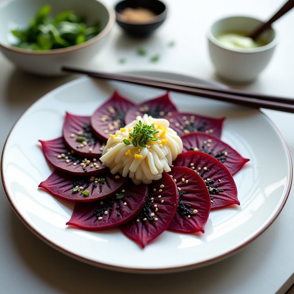 Plato rectangular negro con Tataki de Remolacha y Raíz de Loto con Salsa Wasabi: rodajas finas de remolacha morada y raíz de loto dorada en círculo, decoradas con semillas de sésamo negro, cebollino picado, pimienta rosa y copos de alga nori. Salsa wasabi cremosa en cuenco aparte, fondo minimalista con toques japoneses.